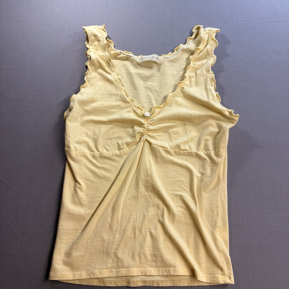 Frankee & Skylarr M Yellow Ruffle Tank Top Medium V Neck Stretch Cottagecore